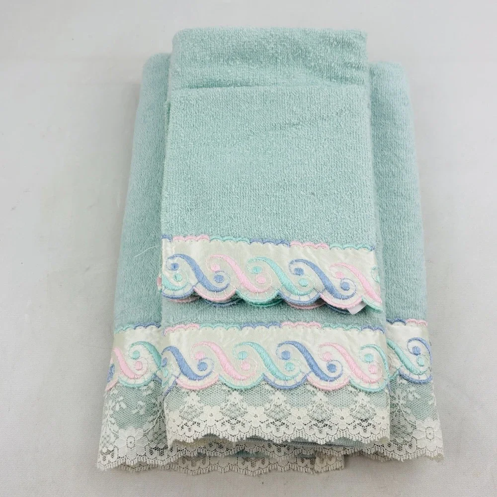 Vtg Cannon Towel Set Bath Hand Washcloth Green Pastel Scroll Scalloped Lace Trim